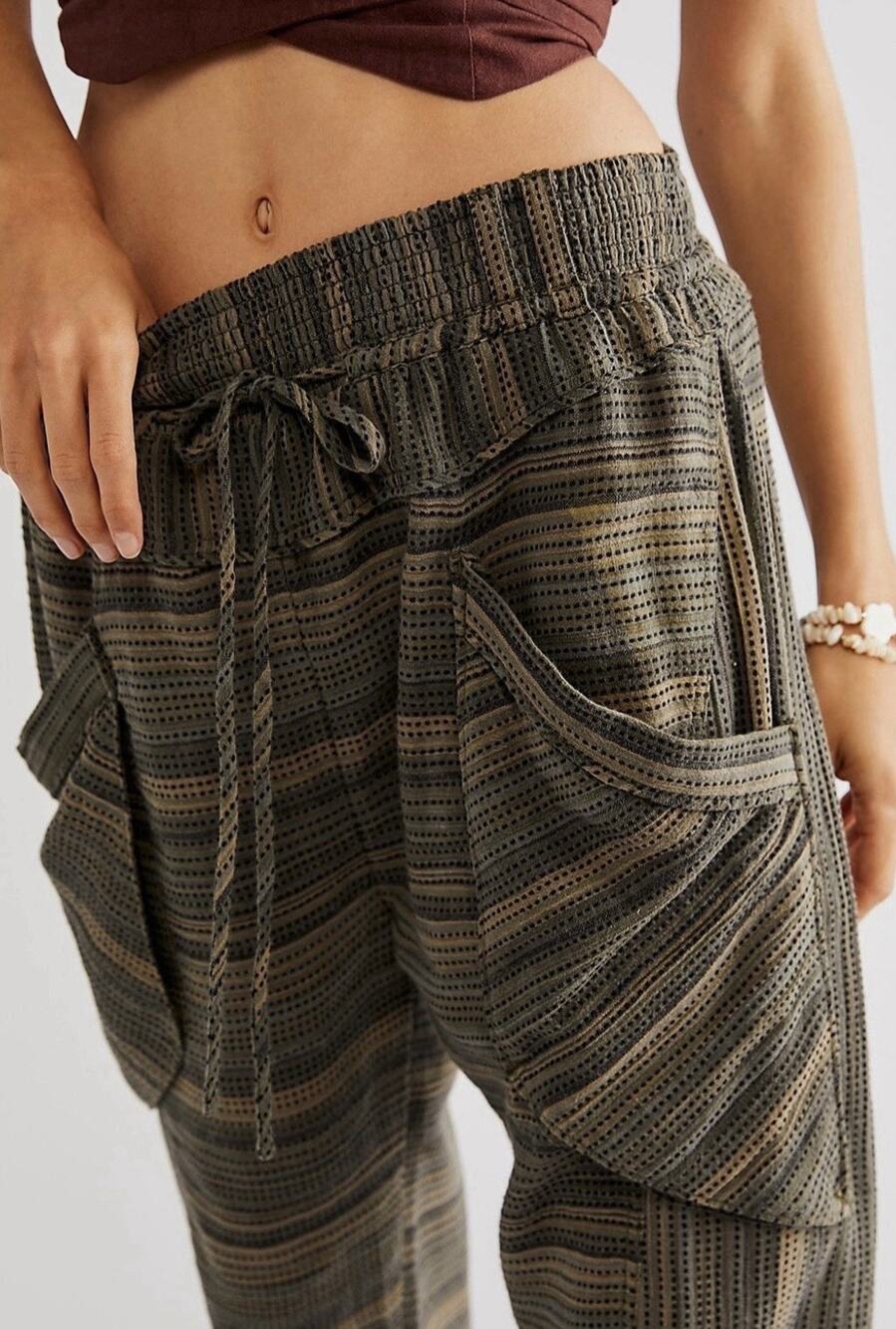 Free People Sweet Escape Tapered Pants Cotton High Rise Green Stripe Women’s XS